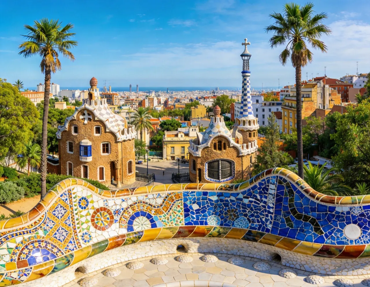 Park Güell atmospheric destination scene for pet portraits