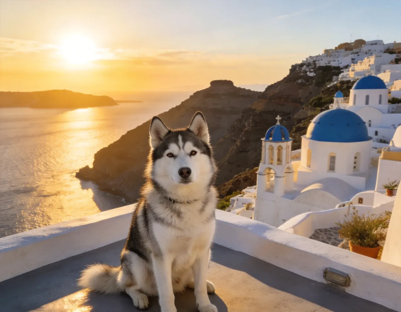 Husky at Santorini AI Pet Travel Photo
