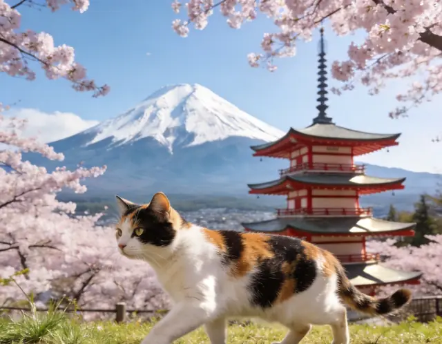 Calico Cat at Mount Fuji AI pet photo