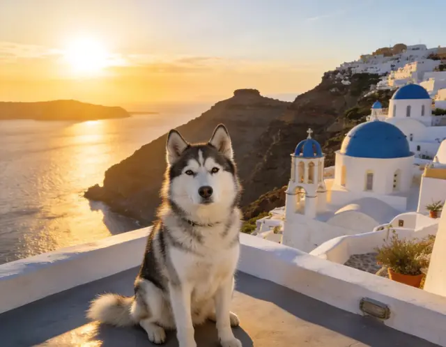 Husky in Santorini AI pet photo